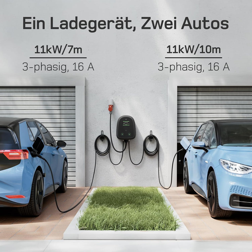dé Duo Wallbox 2×11kW mit 7m+10m Ladekabel, 3-Phasen, 6-16A pro Anschluss