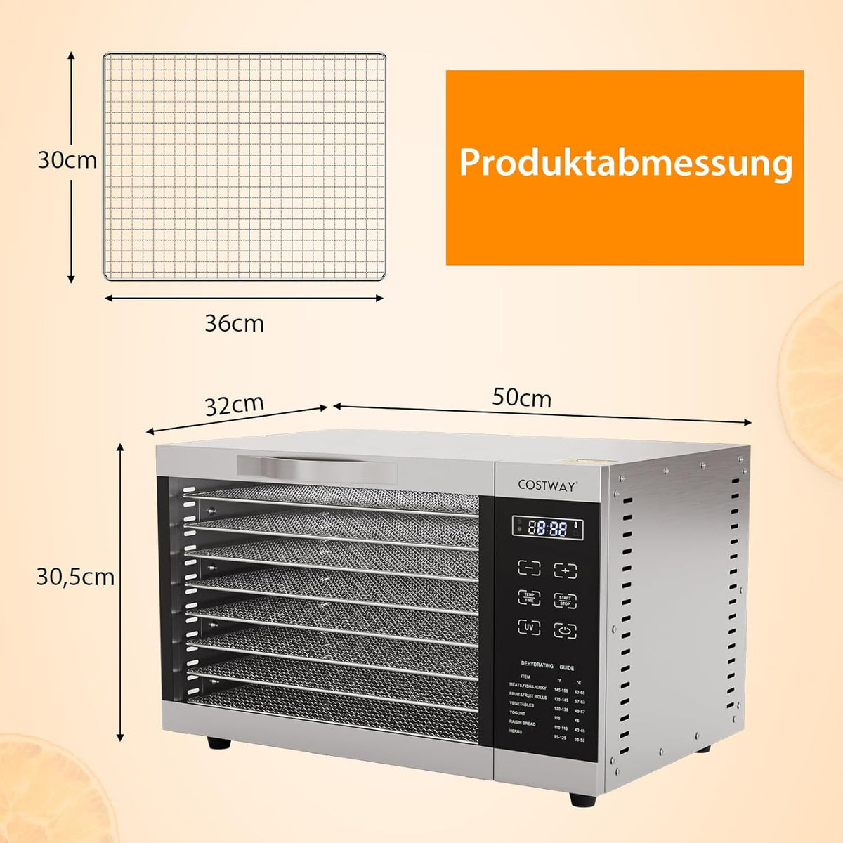 COSTWAY Dehydrator with 8 Grid Trays, 620W Dehydrator 30-70°C Temperature Control & 24H Timer, Overheating & Overload Protection, Food Dryer for Fruit, Meat, Vegetableso