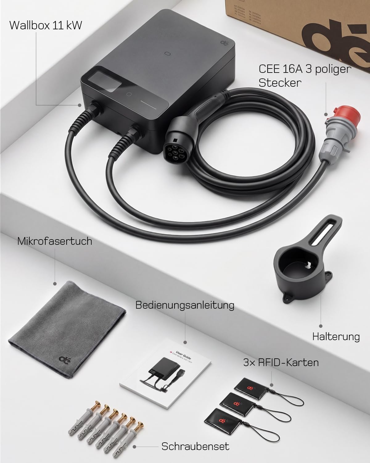 dé Wallbox 11kW mit APP RFID, 7,5m, §14a EnWG, EV Ladestation, Schwarz