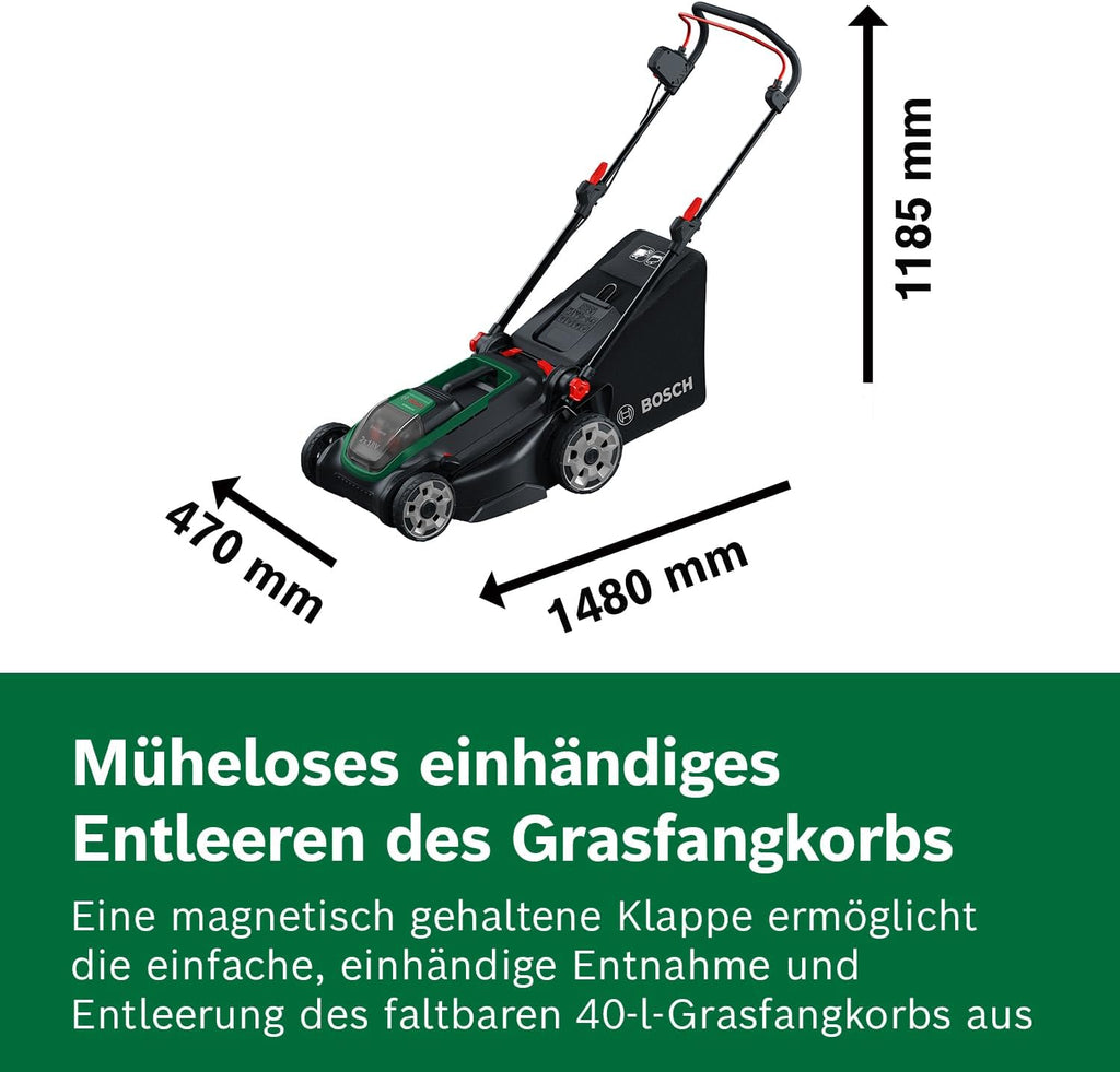 Bosch Akku-Rasenmäher ROTAK18V2-43 (Schnittbreite: 43 cm, Schnitthöhe: 30-75 mm, 50 l Stoff-Grasfangkorb, Mulchstopfen, ohne Akku)