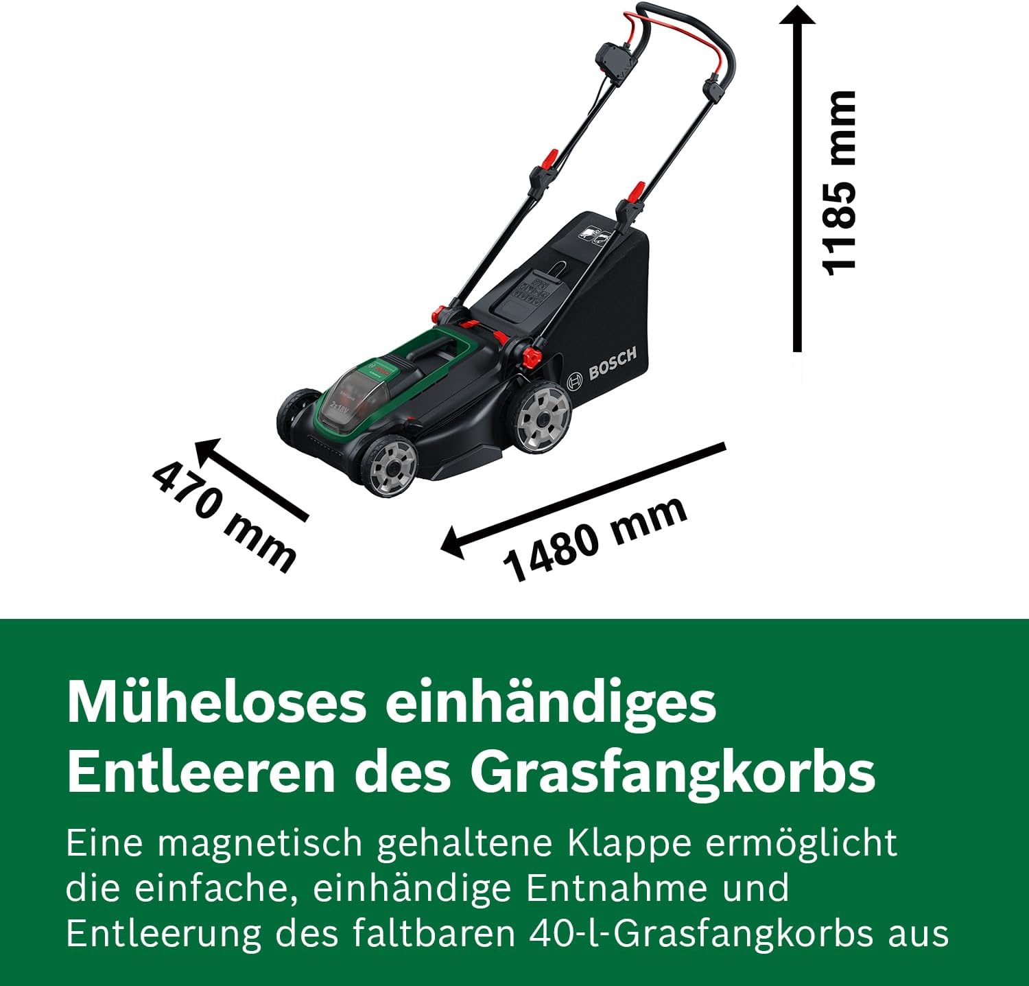 Bosch Akku-Rasenmäher ROTAK18V2-43 (Schnittbreite: 43 cm, Schnitthöhe: 30-75 mm, 50 l Stoff-Grasfangkorb, Mulchstopfen, ohne Akku)