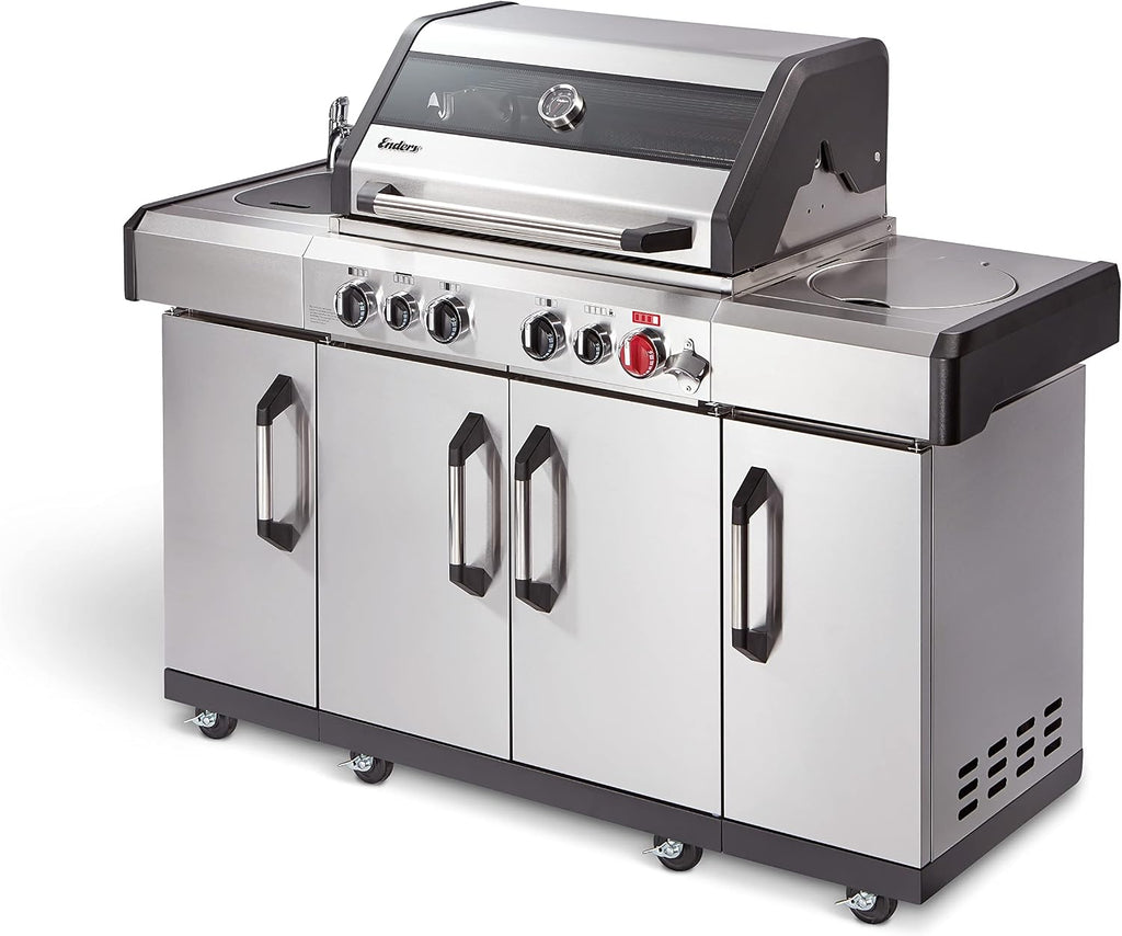 Enders Gasgrill Kansas II Pro 4 SIK Profi Turbo, 4 Brenner mit doppelwandiger Garhaube und Switch Grid - mit Turbo Zone (800 °C)-Gas Grill mit Backburner & Infrarotbrenner, Silber