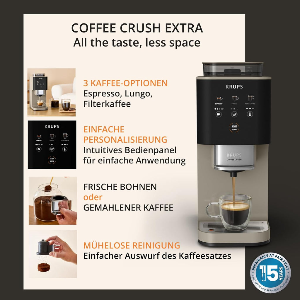 KRUPS Coffee Crush Extra Kaffeevollautomat, nur 15 cm breit, Beige