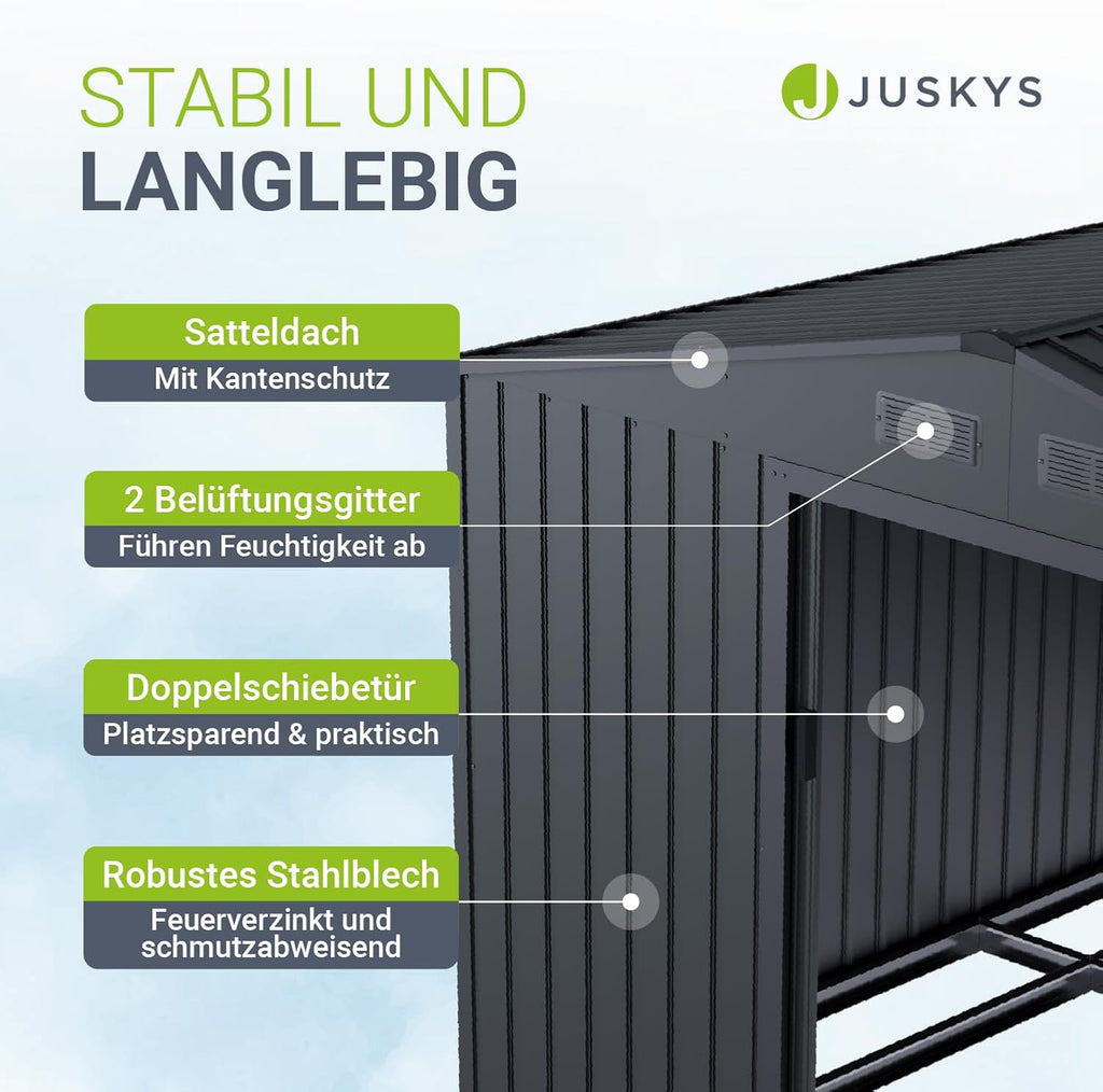 Juskys Geräteschuppen Metall XL – Gartenhaus & Gerätehaus mit Schiebetür, Fundamentrahmen & Schloss, wetterfester Gartenschrank zur Aufbewahrung – Dunkelgrau