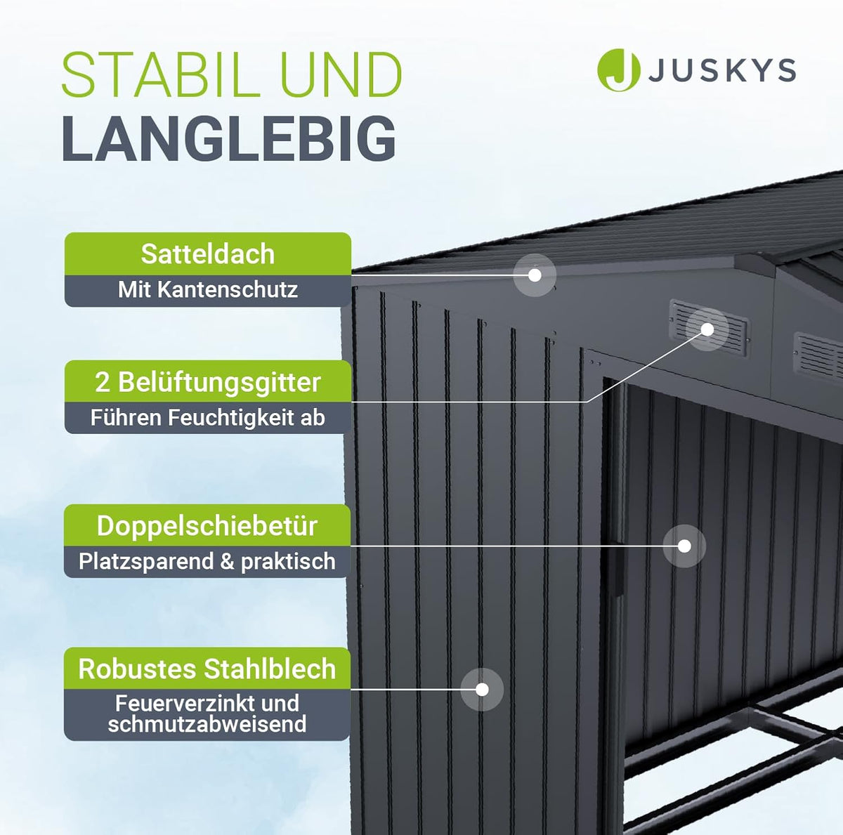 Juskys Geräteschuppen Metall XL – Gartenhaus & Gerätehaus mit Schiebetür, Fundamentrahmen & Schloss, wetterfester Gartenschrank zur Aufbewahrung – Dunkelgrau