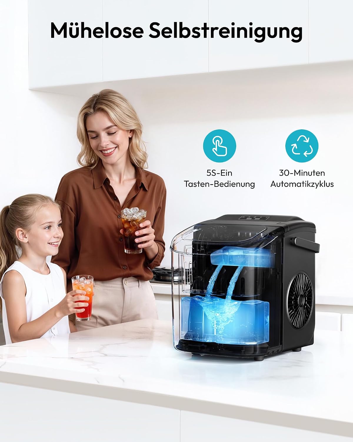 EUHOMY Small Ice Cube Maker, 12 kg Ice Cube Maker, 9 Cubes Ready in 6 Minutes, Black Ice Cube Machine with Portable Handle, 12 kg/24 H, Self-Cleaning Ice Cube Machines
