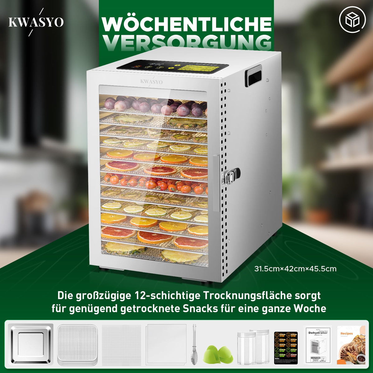 Kwasyo Dehydrator Stainless Steel, Double Fan 360° Efficient Dry, Dehydrator 12 Levels, 20-90°C Temperature Control, 24 Hour Timer, Overheating Protection, Recipe Book for Meat, Fruit, Vegetables,o
