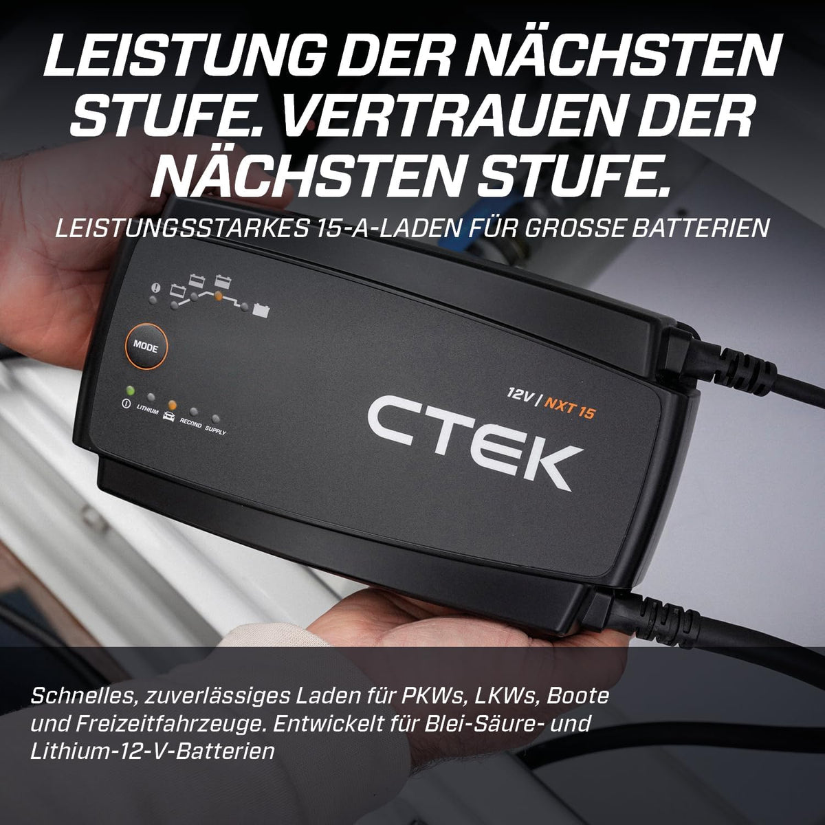 CTEK NXT 15 Smart Battery Charger 12V 15A Lithium Compatible Reconditioning and Supply Mode Temperature Compensation Battery Maintenance Device for Motor Vehicles, Boats and RVs
