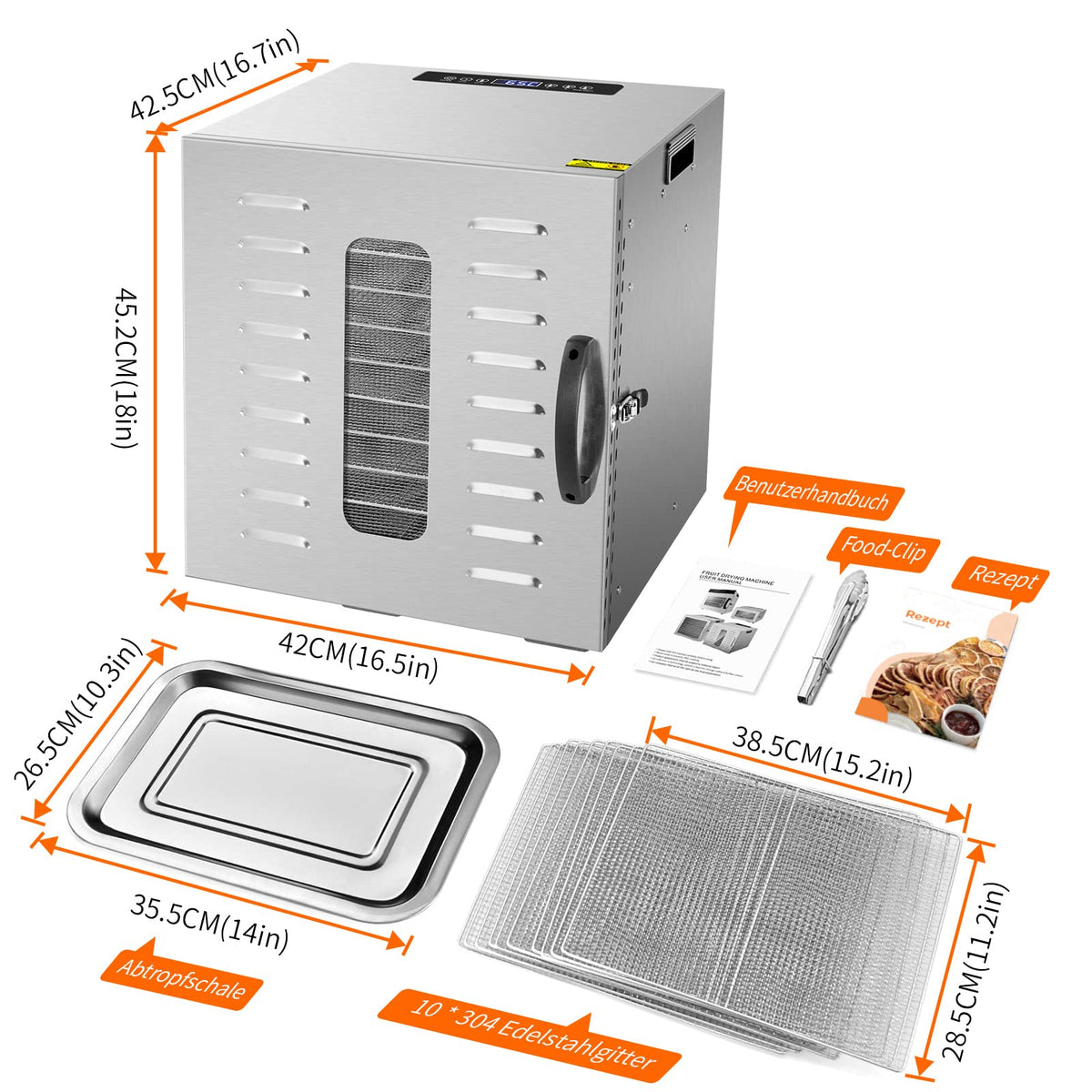 Kwasyo Dörrautomat Edelstahl DA 1000, XXL-Dörrfläche 1,8 m², Dörrgerät Temperatur einstellbar 30-90℃, LED-Display, 24 Std, BPA-frei, mit Rezeptheft, 10 Edelstahl-Dörrtablettso