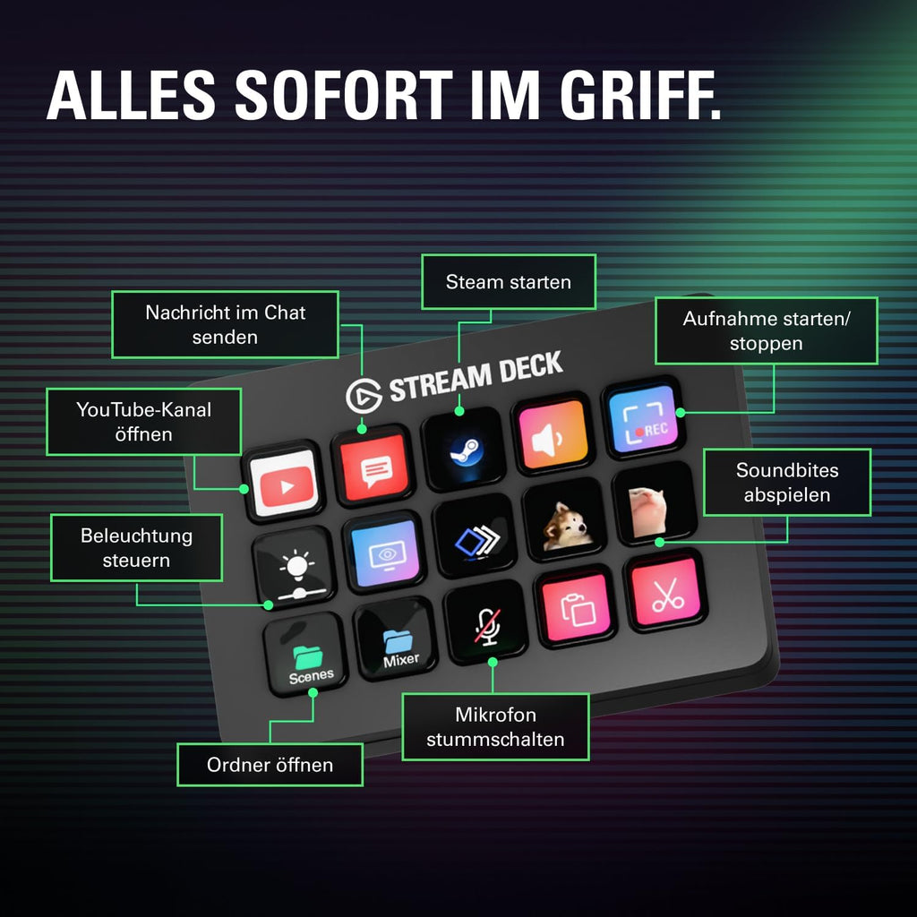 Elgato Stream Deck MK.2 - Studio Controller, 15 Macro Keys, Triggering Action in Apps and Software such as OBS, Twitch, YouTube and More, for Mac and PC | For actions in OBS, Twitch, YouTube and more, visual feedback, hundreds of plugins, Mac and PC