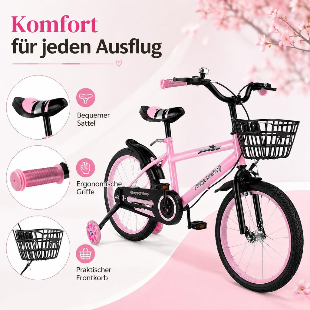 18 Zoll Kinderfahrrad, Verstellbarer Sitz & Lenker, Kohlenstoffstahlrahmen, Doppelbremsen, Stoßfeste Speichenräder, Magnetisches Blitzrad, Abnehmbare Stützräder