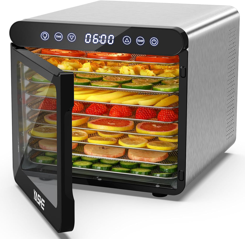 YASHE Stainless Steel Dehydrator with Digital Control (Temperature up to 75°C, Timer up to 48 Hours), 9 Trays Dehydrator for Fruit and Vegetables, Rear Fan for 360° Air Circulation, 800 Wo