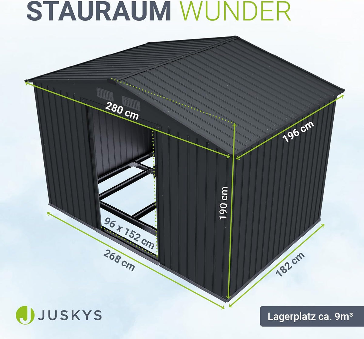 Juskys Geräteschuppen Metall XL – Gartenhaus & Gerätehaus mit Schiebetür, Fundamentrahmen & Schloss, wetterfester Gartenschrank zur Aufbewahrung – Dunkelgrau