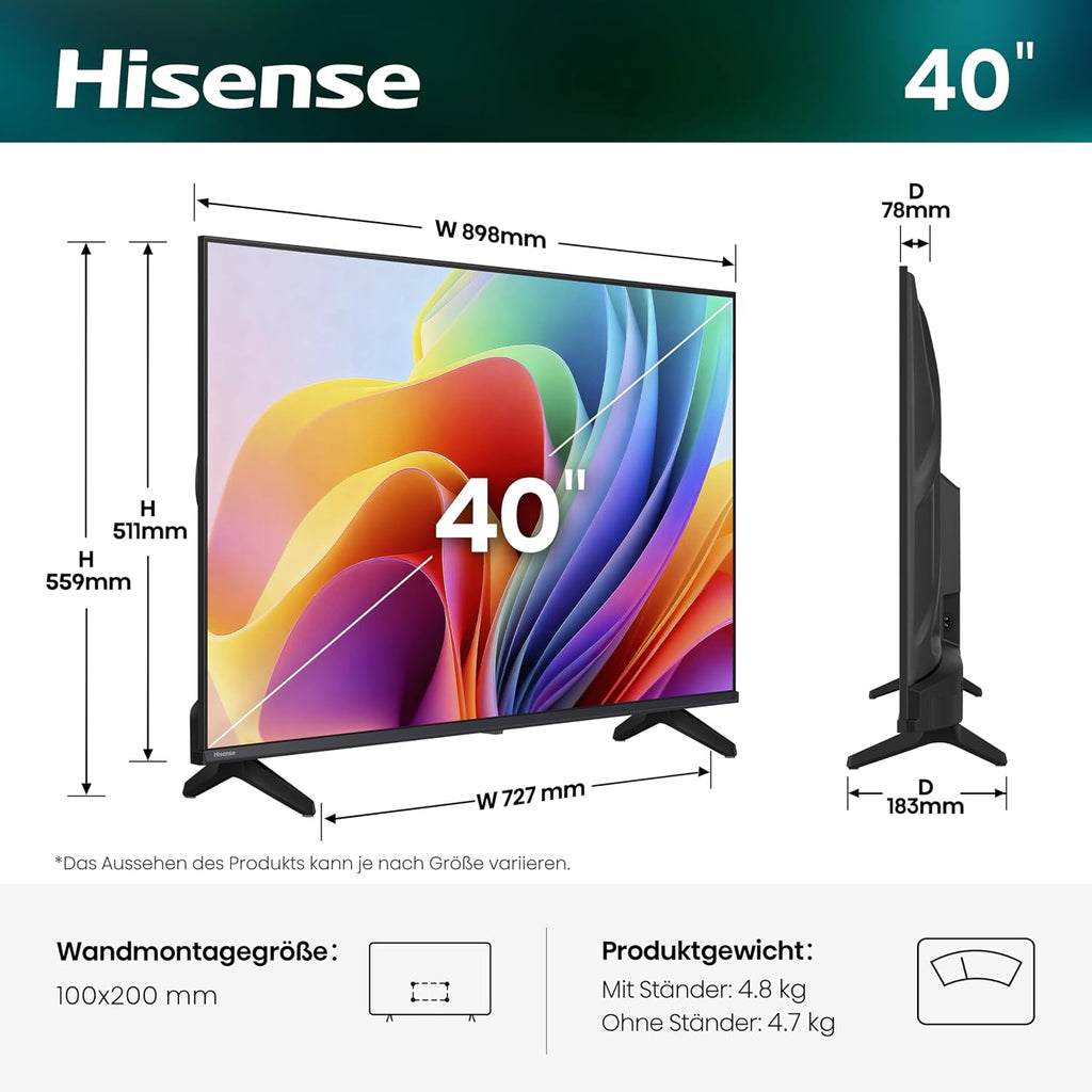 Hisense 40E4DS Fernseher 40 Zoll, 4K FHD Smart TV, Hi-View AI Engine, 60Hz Game Mode, Natural Colour Enhancer, Dolby Audio