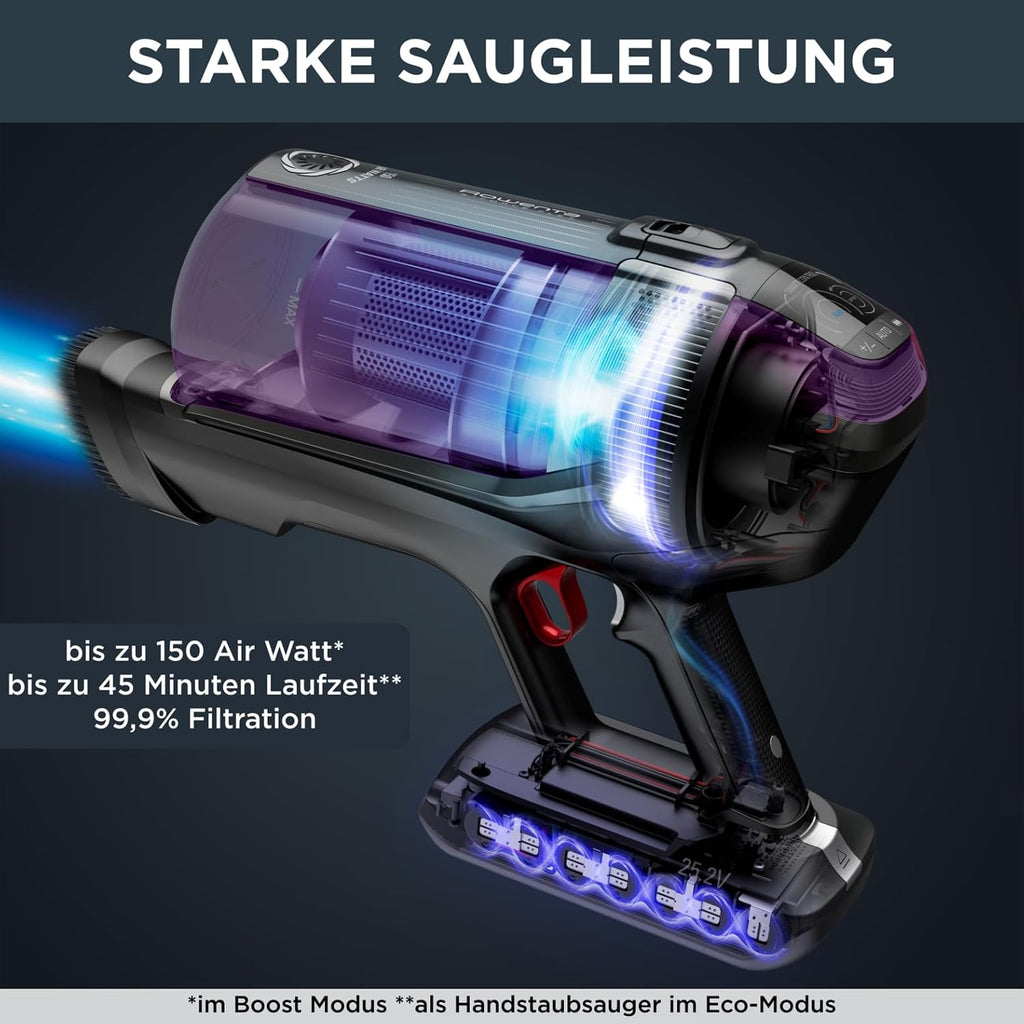 Rowenta X-Force Flex 12.60 kabelloser Akku-Stabstaubsauger, 150 Air Watt, bis zu 45 Min. Laufzeit, leistungsstark, Flex-Gelenk, LED-Düse, inkl. Zubehör, lila/schwarz, RH98A0