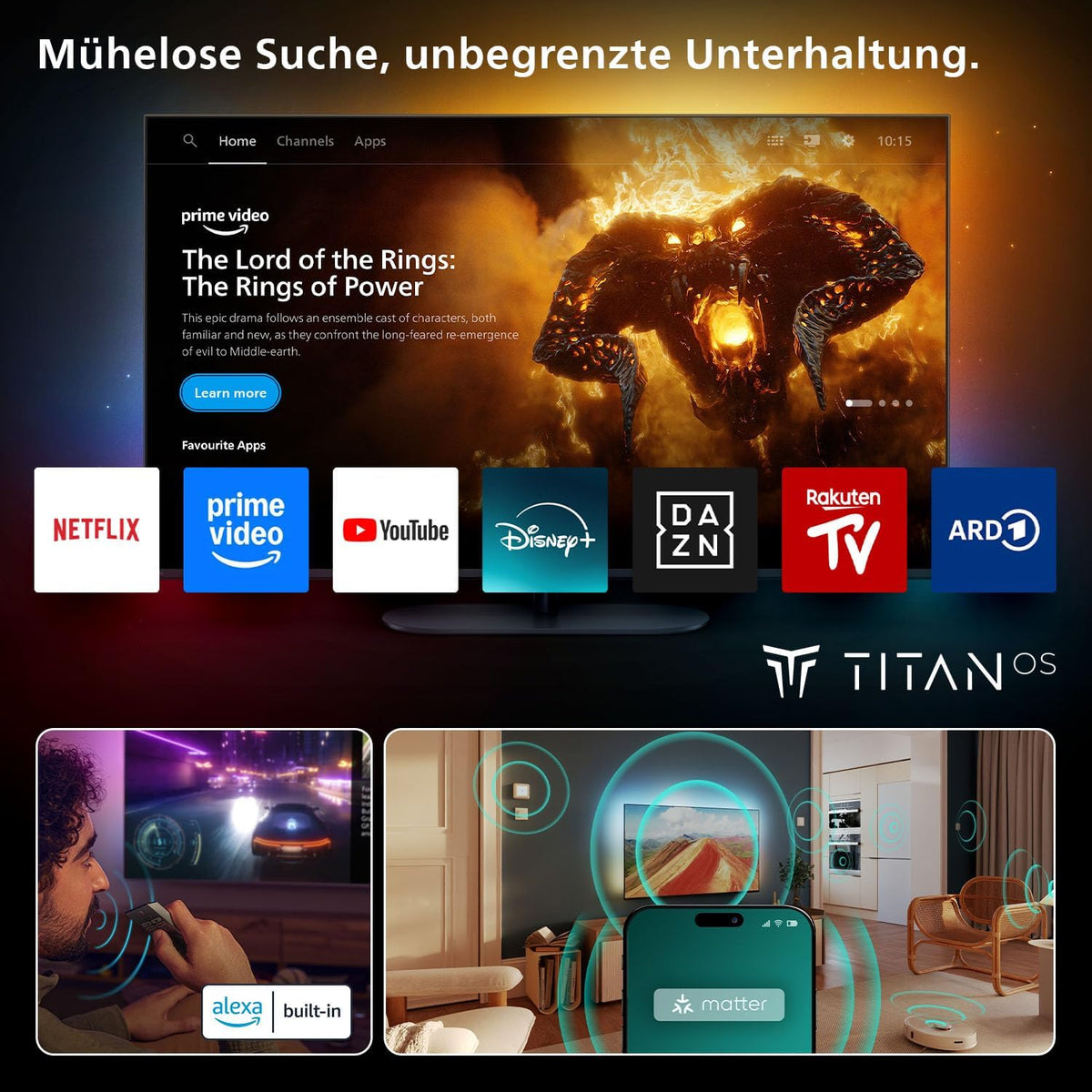 PHILIPS Ambilight 'The One' 50PUS9000 4K QLED Smart TV - 50 Zoll Display mit P5 Perfect Picture Engine Ultra HD, Titan OS, Dolby Vision und Dolby Atmos Sound