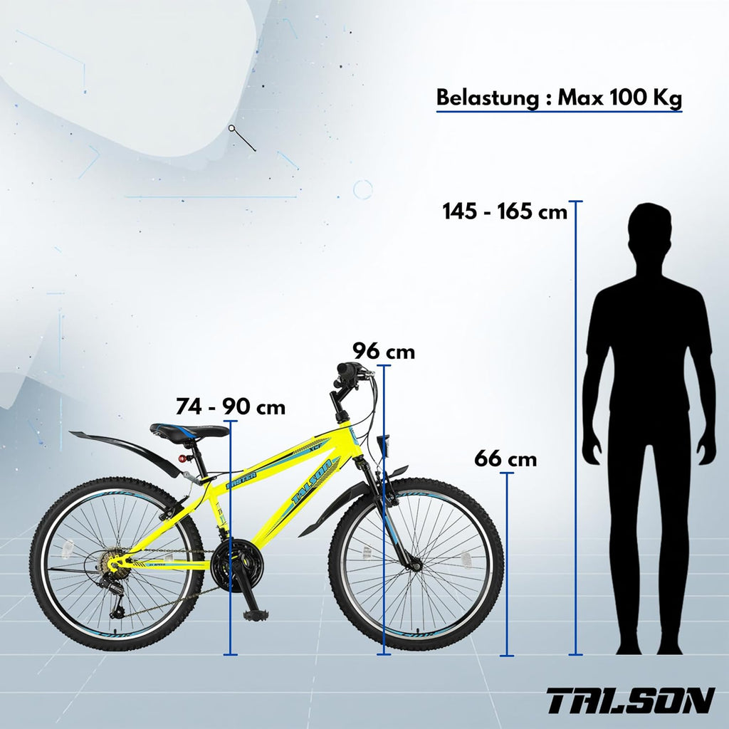 Talson 26 Zoll Mountainbike Fahrrad Beleuchtung, Gabelfederung und 21-Gang Shimano in Gelb