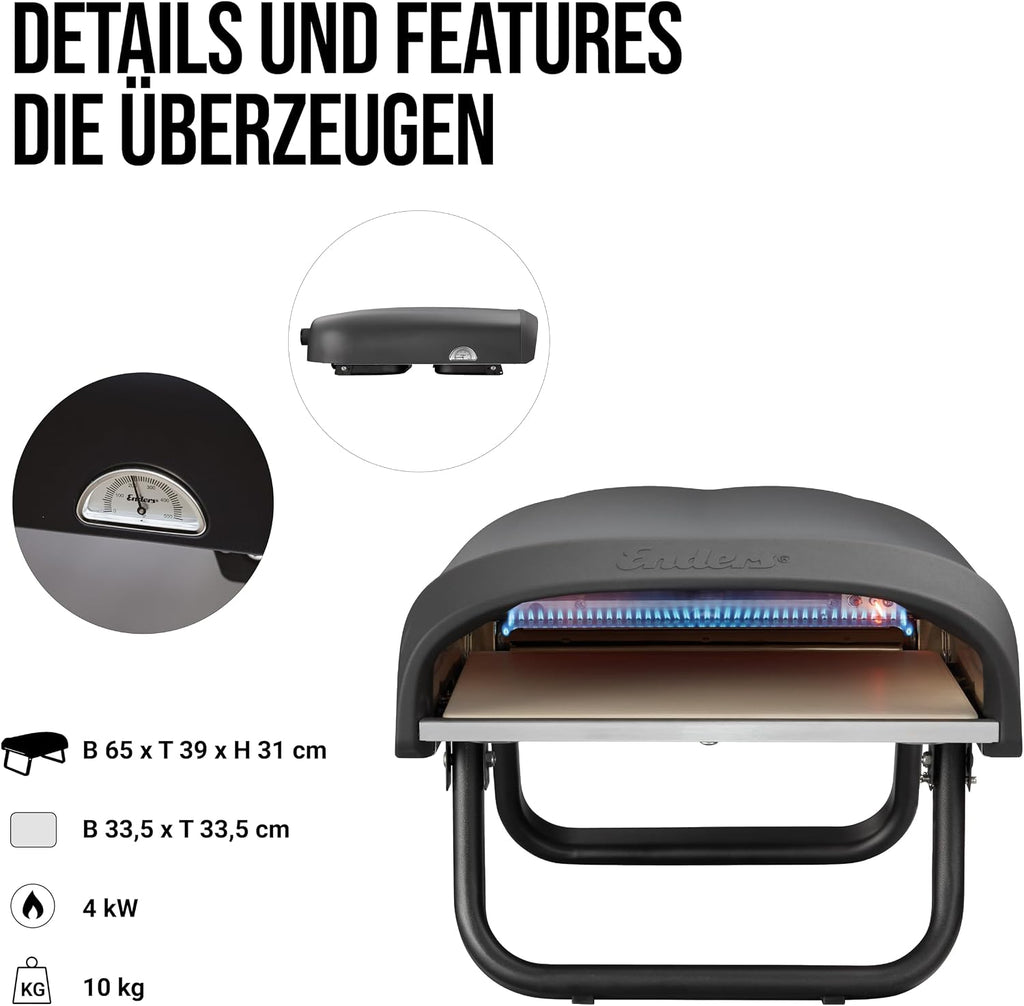 Enders® Pizzaofen PACO™, Pizzastein, Thermometer, Pizza, Edelstahlbrenner, 4kW, Cordierit-Pizzastein, stufenlos regulierbarer Edelstahlbrenner #31306, Schwarz