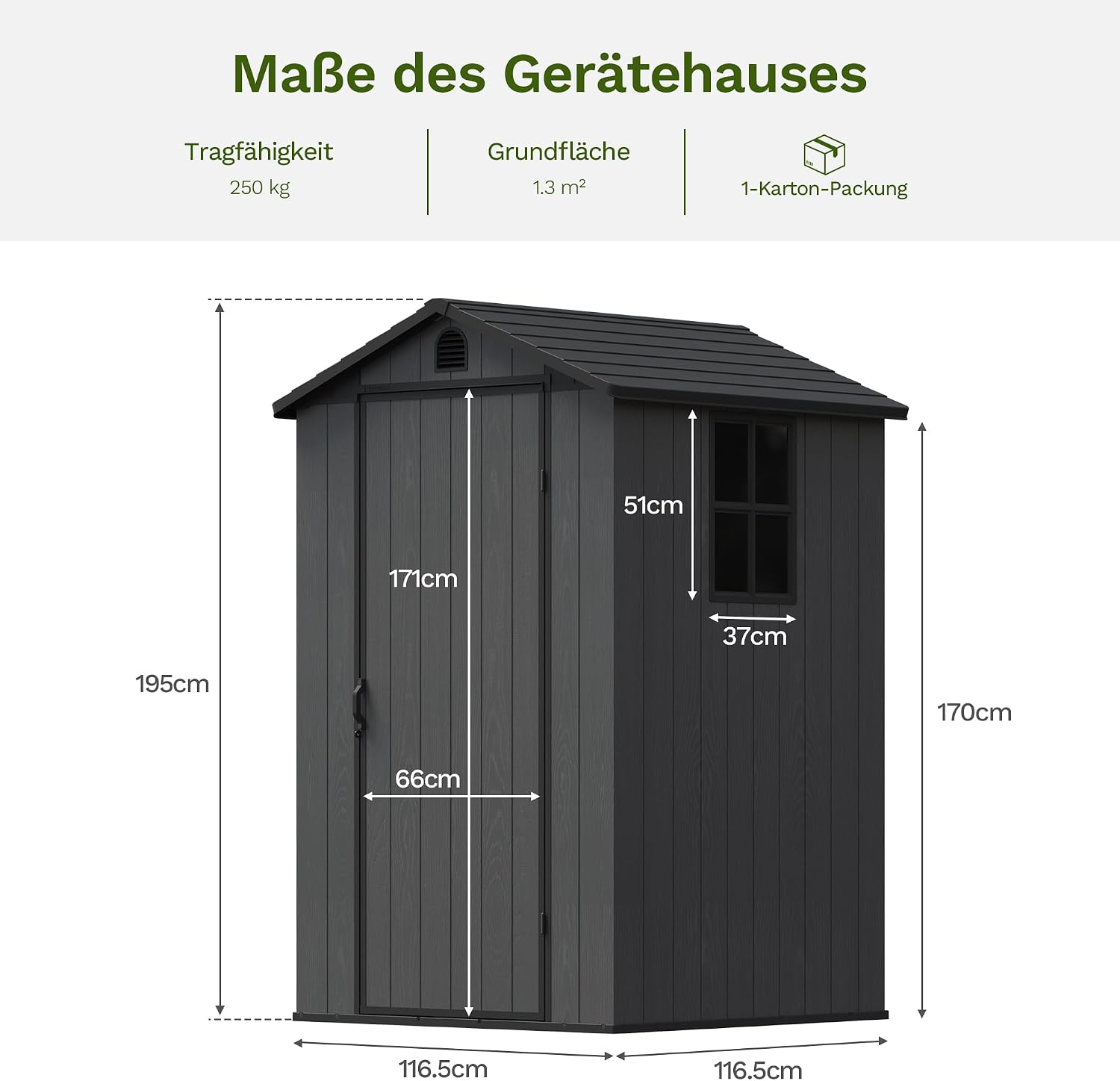 Devoko Gartenhaus Kunststoff 116x116x171cm Gerätehaus mit Boden, Dunkelgrau