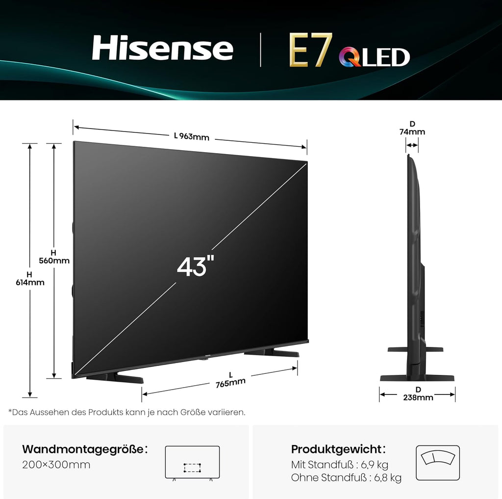 Hisense 43E7Q Fehrnseher, 43 Zoll, 4K UHD QLED, Smart TV, Game Mode Plus, Filmaker Mode, Dolby Vision Atmos, HDR10, HLG, HDR Immersive, AI 4K Upscaler, Dolby MS12, DTS X, Sprachsteuerung [2025]