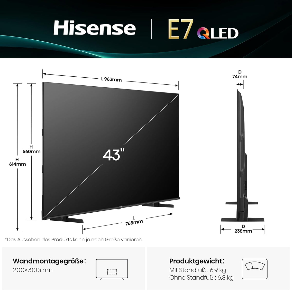 Hisense 43E7Q Fehrnseher, 43 Zoll, 4K UHD QLED, Smart TV, Game Mode Plus, Filmaker Mode, Dolby Vision Atmos, HDR10, HLG, HDR Immersive, AI 4K Upscaler, Dolby MS12, DTS X, Sprachsteuerung [2025]