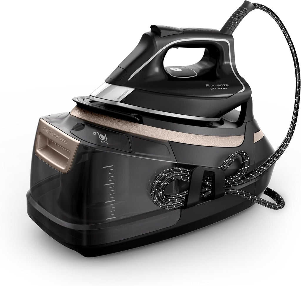 Rowenta Eco Steam Pro Dampfbügelstation, 2800 Watt, 8 bar Dampfdruck, 580 g/Min. Dampfstoß, 150 g/Min. kontinuierliche Dampfabgabe, Eco-Modus, 5 Einstellungen, 1,3l Wassertank, schwarz/beige, DG9640F0
