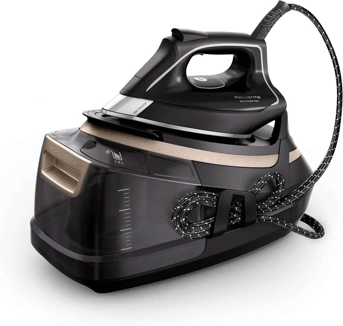 Rowenta Eco Steam Pro Dampfbügelstation, 2800 Watt, 8 bar Dampfdruck, 580 g/Min. Dampfstoß, 150 g/Min. kontinuierliche Dampfabgabe, Eco-Modus, 5 Einstellungen, 1,3l Wassertank, schwarz/beige, DG9640F0