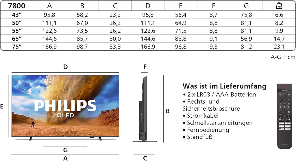 Philips 55PUS7800 4K QLED Smart TV - 55 Zoll Display mit Pixel Precise Ultra HD, Titan OS Plattform und Dolby Atmos Sound - Funktioniert mit Alexa und Google Sprachassistent