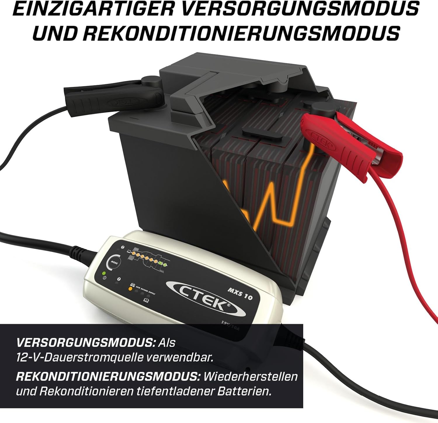 CTEK MXS 10 Batterieladegerät für Größere Fahrzeugbatterien, Batterieladegerät Boot, Wohnwagen, Schwarz, Silber, Rot