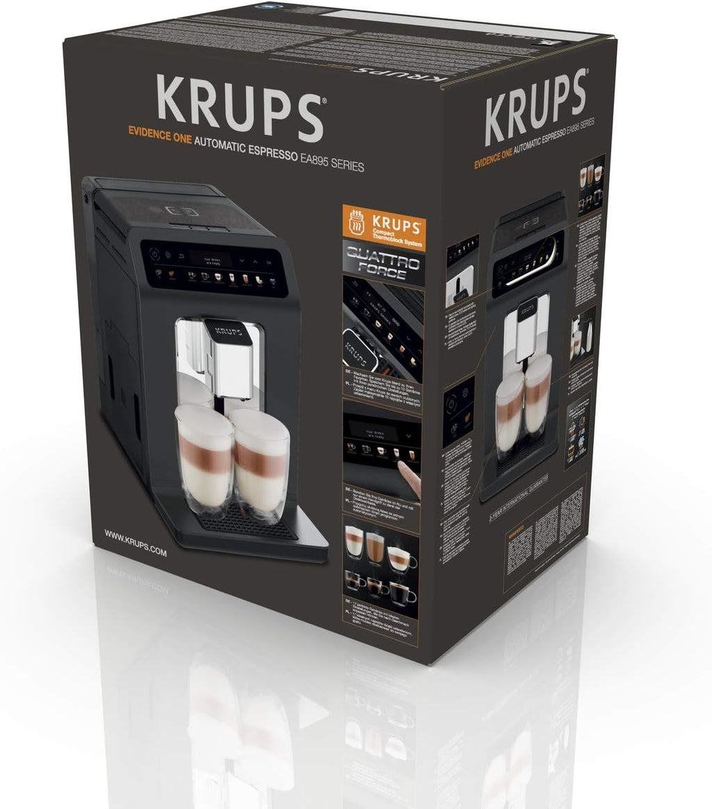 KRUPS Evidence One Kaffeevollautomat mit Milchschlauch, One-Touch-Cappuccino, 12 Getränkespezialitäten, 2-Tassen-Funktion, Farbdisplay, Kaffeemaschine, TÜV-Siegel, Schwarz, EA895N10