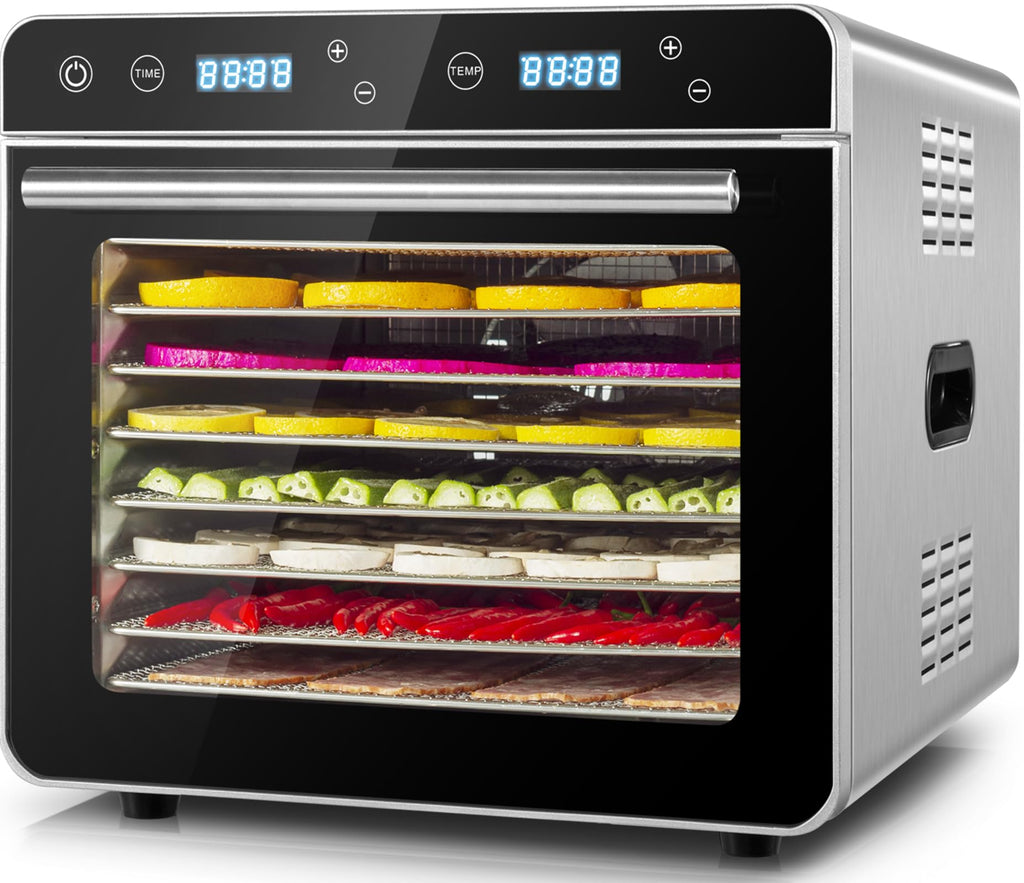 Kwasyo Dörrautomat Edelstahl Trockenkapazität 3,8 kg Rindfleisch, 0,67 m² Trockenfläche, 8 Edelstahl-Dörrtabletts (28x30 cm), 35-85°C Dörrgerät für Hundeleckerlis, Kräuter, Fleisch, Obst, Joghurto
