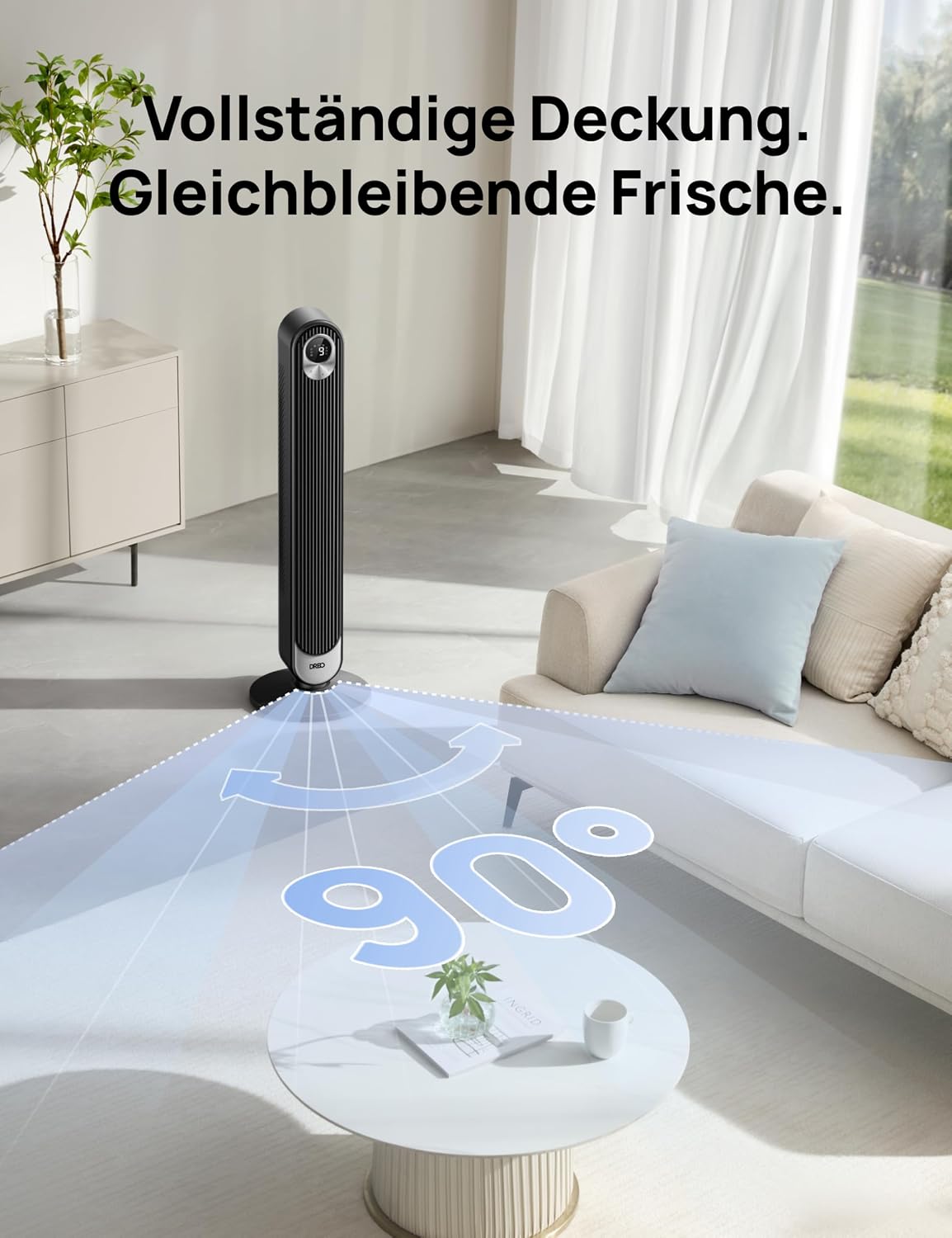 DREO DC Motor Turmventilator Leiser, 11M Windentfernung Ventilator mit Kühlung Fernbedienung, 9 Stufen 4 Modi, 90° Oszillierender Stand Ventilatoren für Schlafzimmer, Tower Fan mit 12H Timer