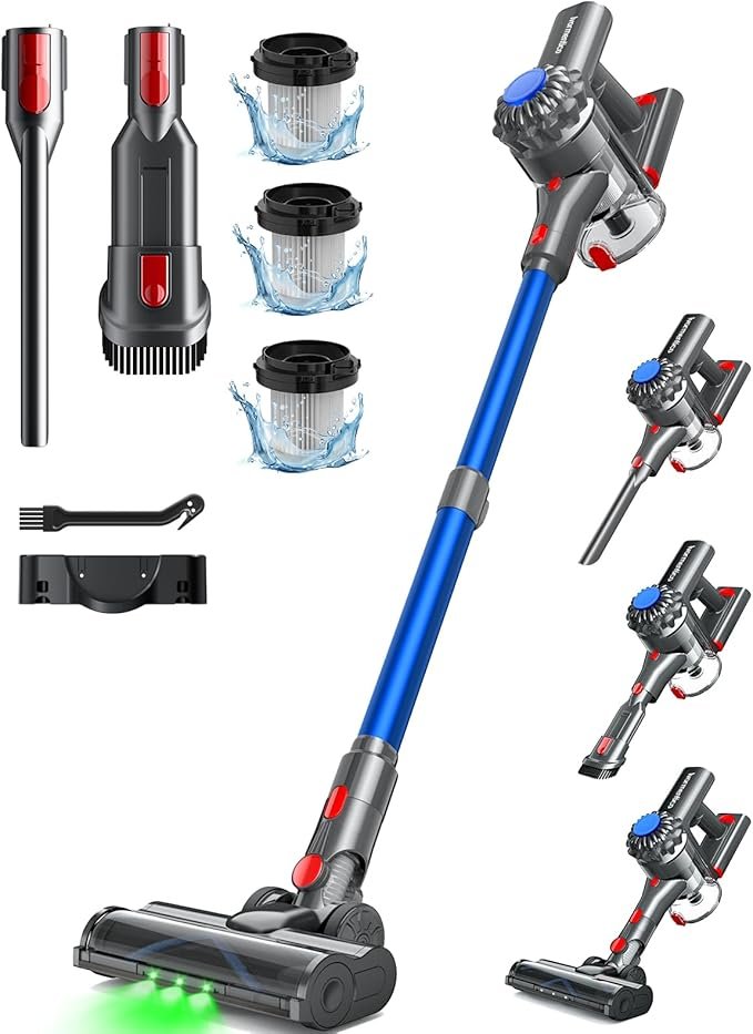 Akku-Staubsauger 450 W, 40 kPa Saugleistung, 50 Min Laufzeit, Kabelloser Stielstaubsauger mit Grüner LED-Bodendüse, Blau