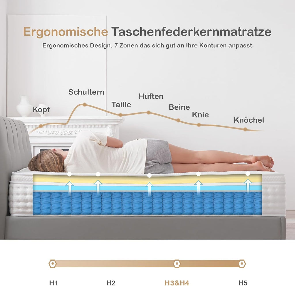 Hiepunos Matratze 180x200cm Höhe 26 cm, 7-Zonen Taschenfederkernmatratze H3