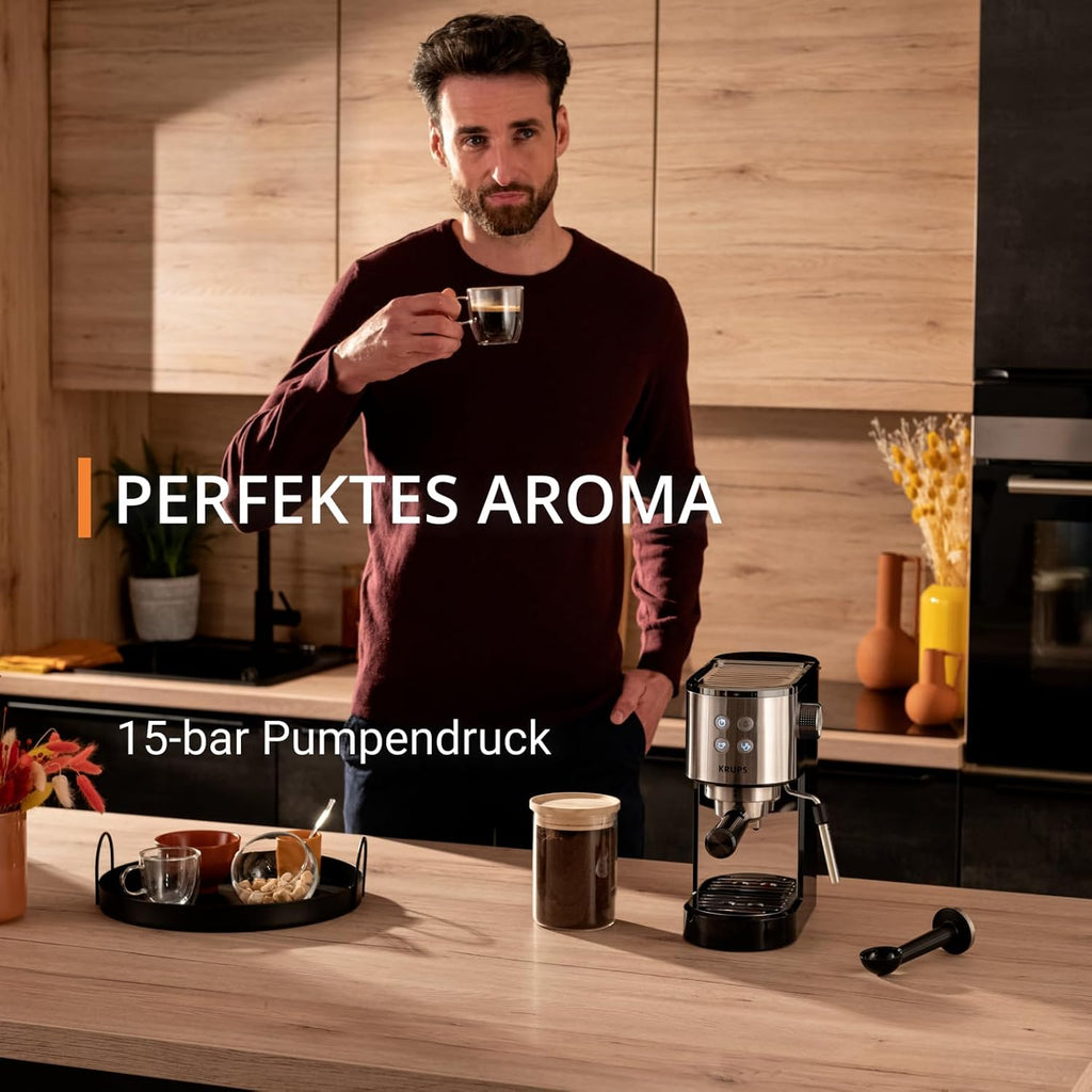 Krups Virtuoso Essential Espresso-Siebträgermaschine, 15 bar, Edelstahl-Applikationen, schlankes Design, Bedienfeld mit 4 Funktionen, inkl. Barista-Zubehör, Edelstahl, XP441810