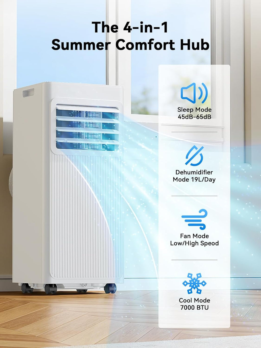 7000 BTU Portable Air Conditioner, 4-in-1 Air Conditioning Unit with Dehumidifier, Fan & Sleep Mode, Quiet 24H Timer, Cools up to 28 m² (300 sq.ft) for Bedroom Office Bright White [Energy Class A]
