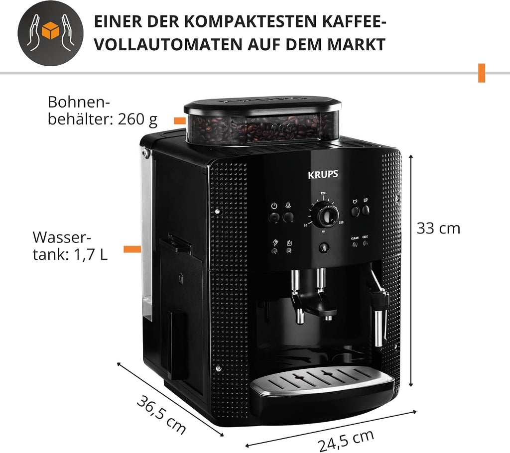 KRUPS Arabica Picto Kaffeevollautomat, kompaktes Design, einfache Bedienung, intuitiv einstellbarer Drehregler, Milchschaumdüse, 2-Tassen-Funktion, Kaffeemaschine, Schwarz, EA810870