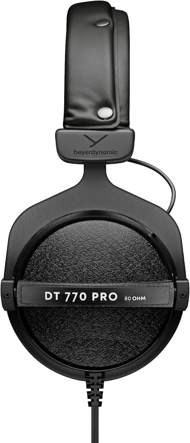 Beyerdynamic DT 770 PRO Over-Ear Studio Headphones in Black Closed design, wired for professional recording and monitoring. | Closed design, 80 ohm impedance, bass reflex system, velour ear pads, interchangeable parts, made in Germany