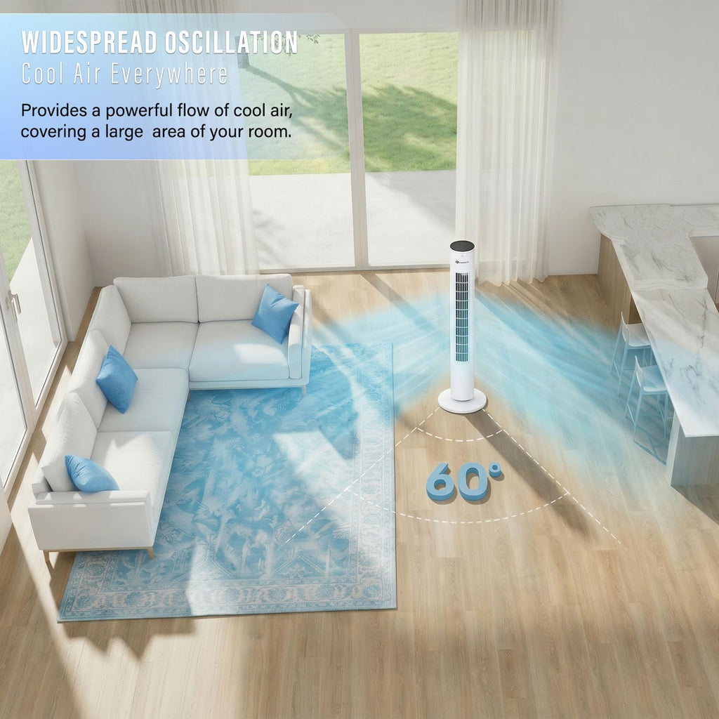 PureMate 43-inch Tower Fan with Remote control, Oscillating Silent Bladeless Floor Fan, 3 Speeds, 7-Hour Timer, Powerful 40W Electric Standing Fan, Portable Quiet & Ideal for Bedroom, White