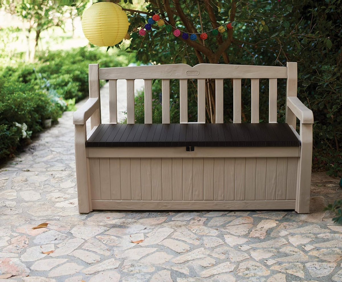 Keter Sitzbank Eden für Balkon und Garten, Gartenbank mit integrierter Kissenbox mit 265 l Stauraum, 140x60x84cm, wetterfest, pflegeleicht, beige, Outdoor, Holzoptik