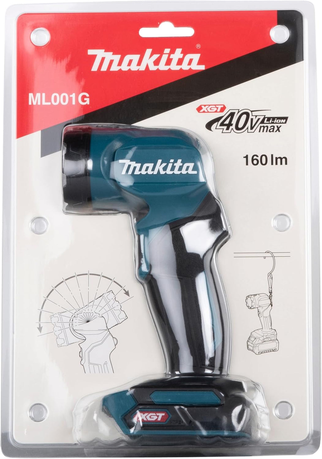 Makita ML001G LED-Akku-Handleuchte 40V max. (ohne Akku & Ladegerät), 160 Lumen, Leuchtkopf um 170° schwenkbar