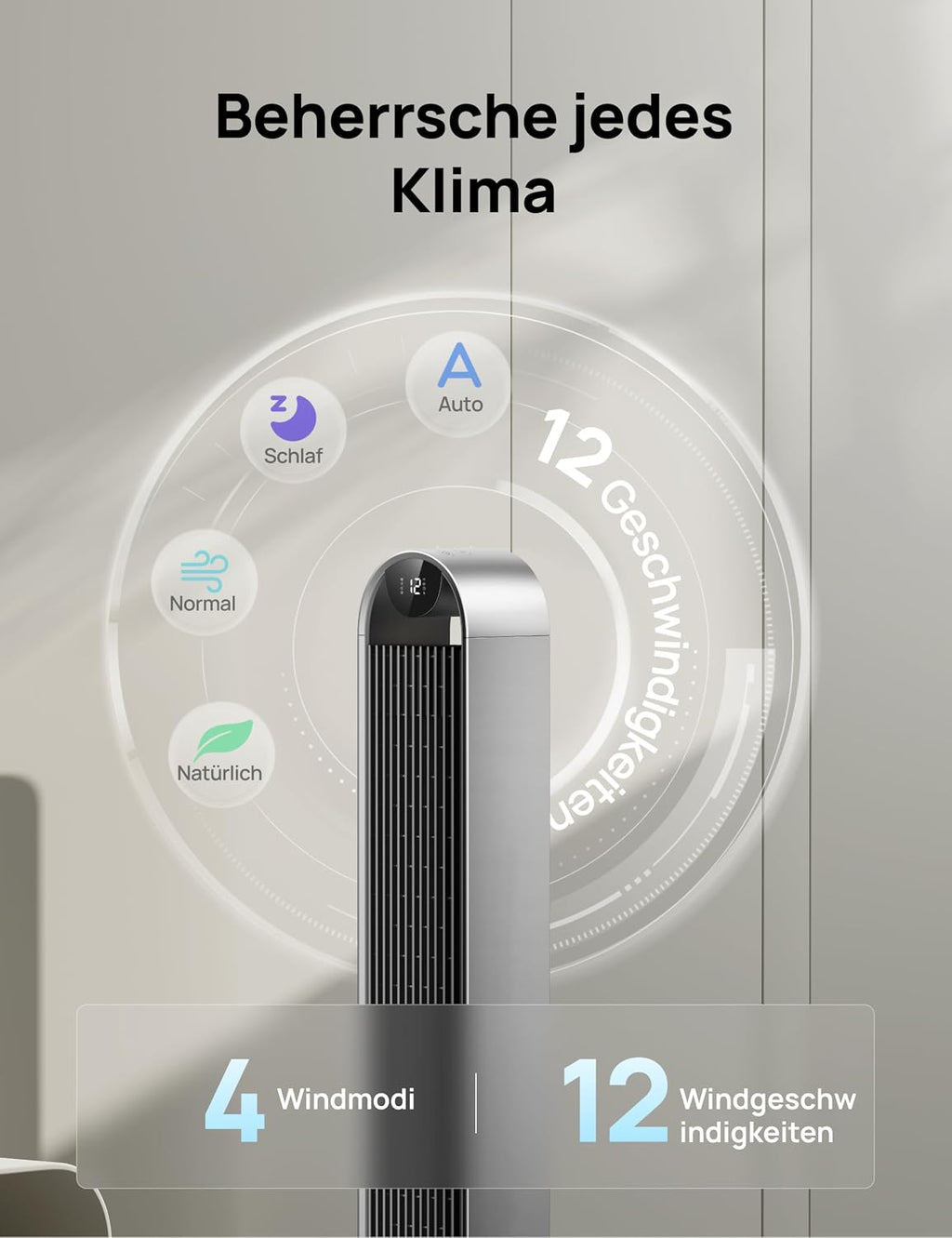 DREO Smart Turmventilator Sehr Leise, 120° Oszillierender Ventilator mit Kühlung, 25dB Standventilator mit Fernbedienung für Schlafzimmer, 12 Geschwindigkeiten, 4 Modi, 12-Stund-Timer, Pilot Max S