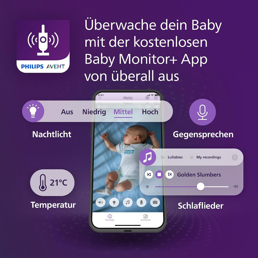 Philips AVENT Connected Baby Monitor with Camera and WiFi, High-Quality HD Camera, Infrared Night Vision Function, Scream Detection, Intercom Function, DEKRA Certified Private and Safe, SCD951/26
