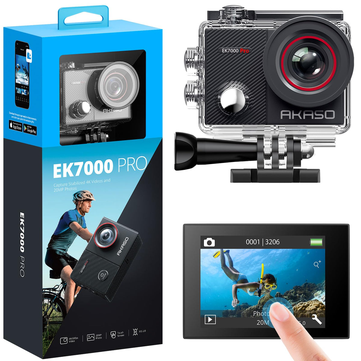Akaso EK7000 Pro Action Cam 4K30FPS 20MP with Floating Handle Bag | WiFi 40M Underwater Camera Waterproof Ultra HD Touchscreen Adjustable Wide Angle Ice Action Cam with 2.4G Remote Control
