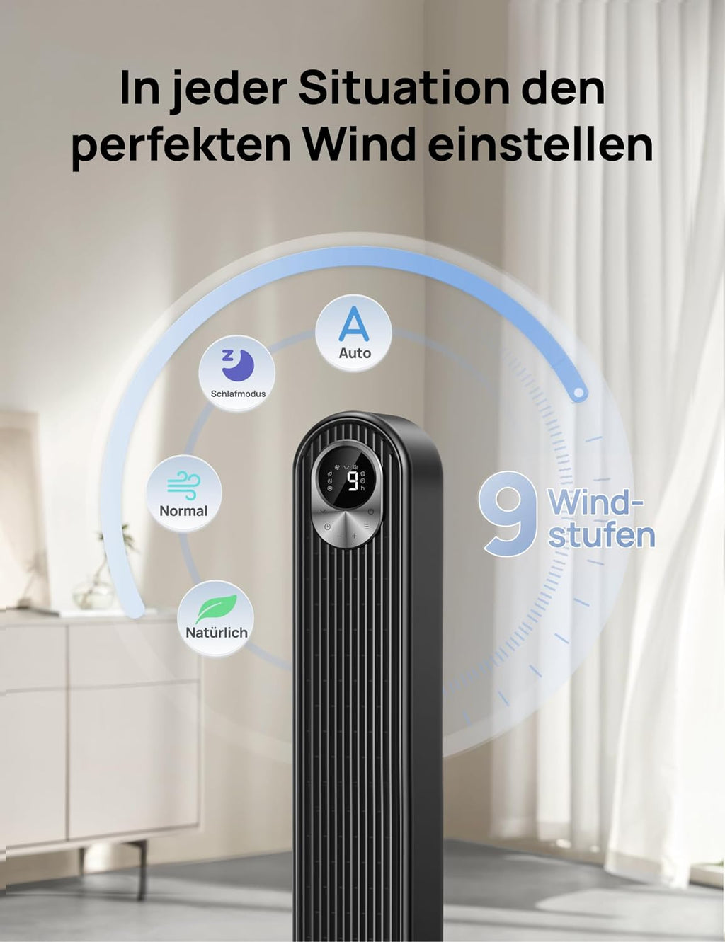 DREO DC Motor Turmventilator Leiser, 11M Windentfernung Ventilator mit Kühlung Fernbedienung, 9 Stufen 4 Modi, 90° Oszillierender Stand Ventilatoren für Schlafzimmer, Tower Fan mit 12H Timer