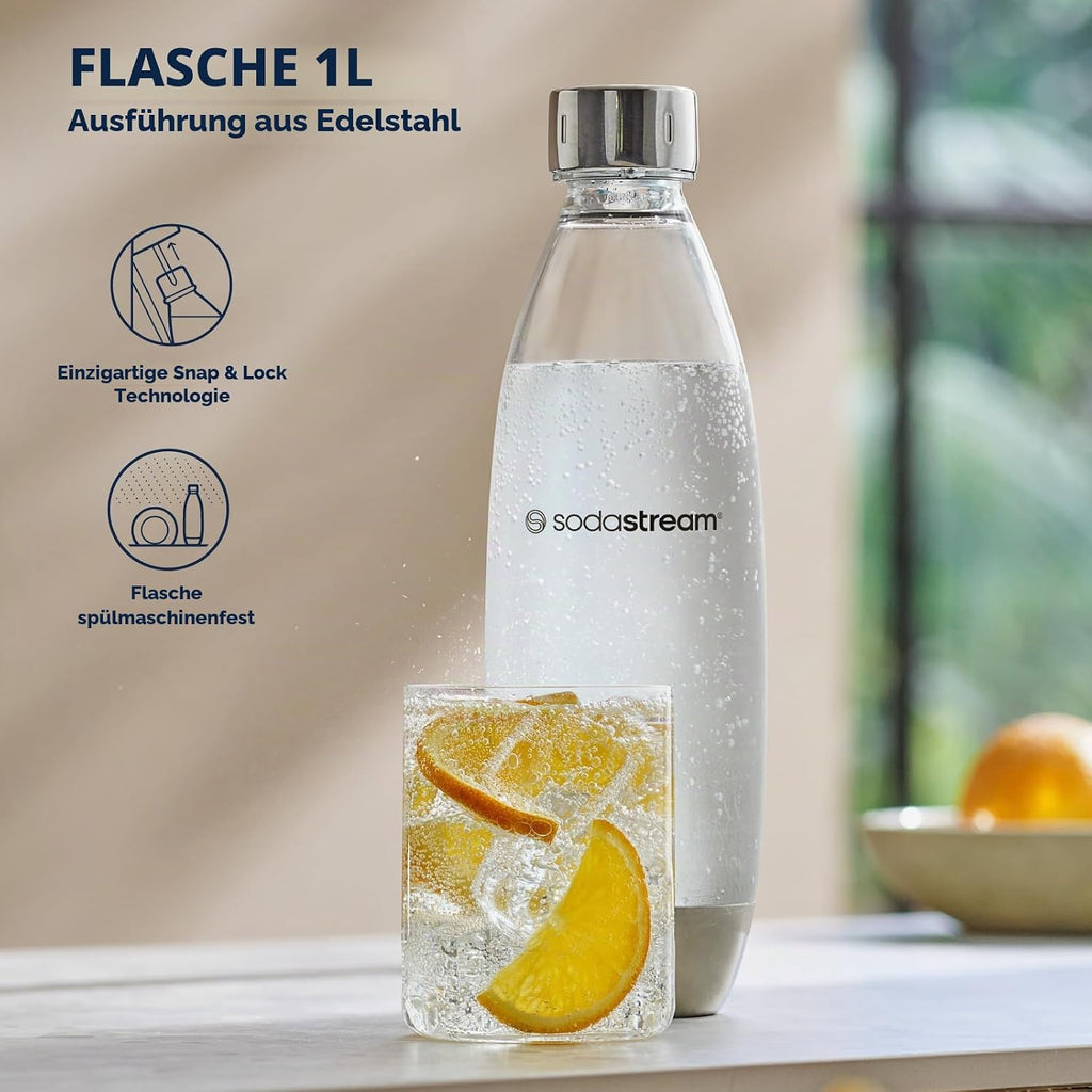 Sodastream Duo Sprudelwasser und Soda Maschine für Glaskanne | 1 Stück Glaskrug 1L + 1 Flasche 1L Edelstahl Finish Geschirrspüler + 1 60L Gas Nachfüllclip | Schwarz