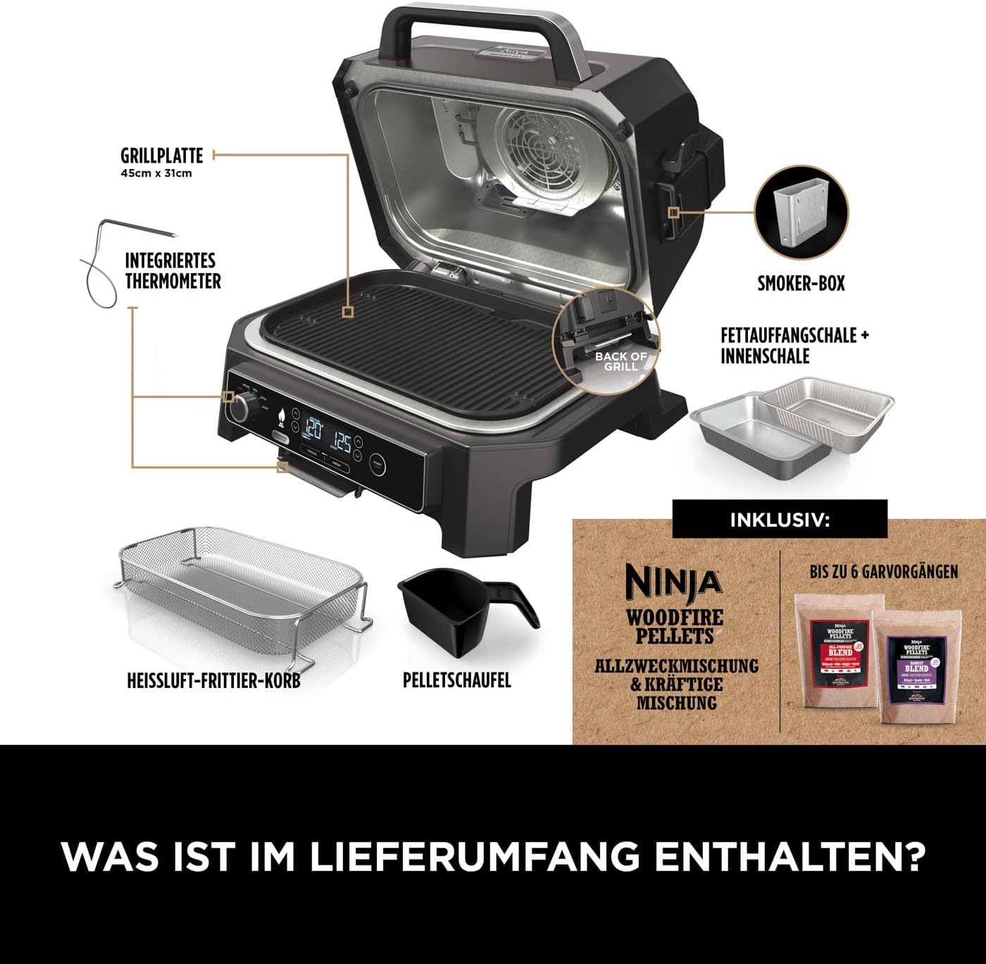 Ninja Woodfire Pro XL Elektrogrill, Holzfeuer-Pellets, wetterfest, OG850EU