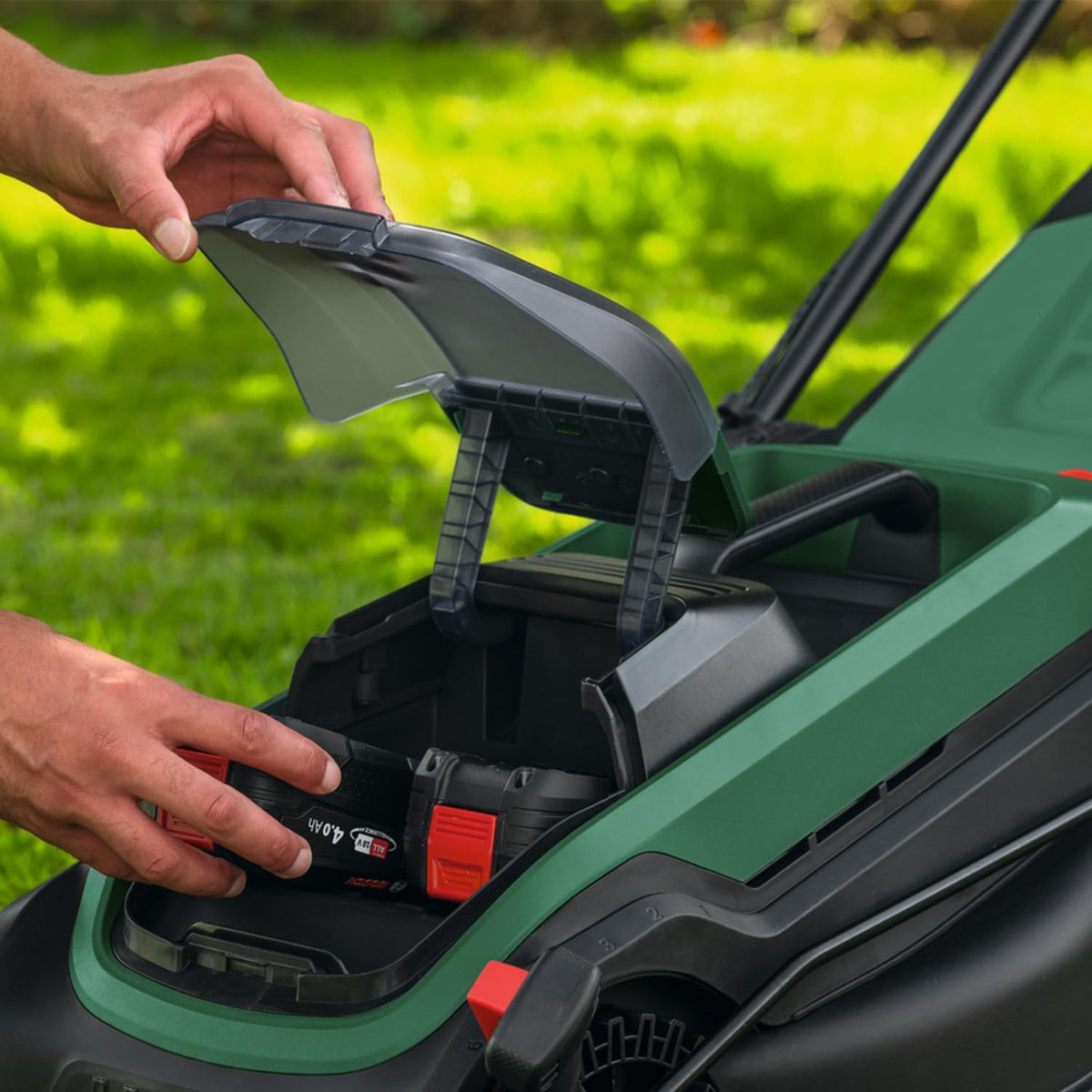 Bosch Akku-Rasenmäher ROTAK18V2-38 (Schnittbreite: 38 cm, Schnitthöhe: 30-75 mm, 40 l Stoff-Grasfangkorb, Mulchstopfen, ohne Akku)