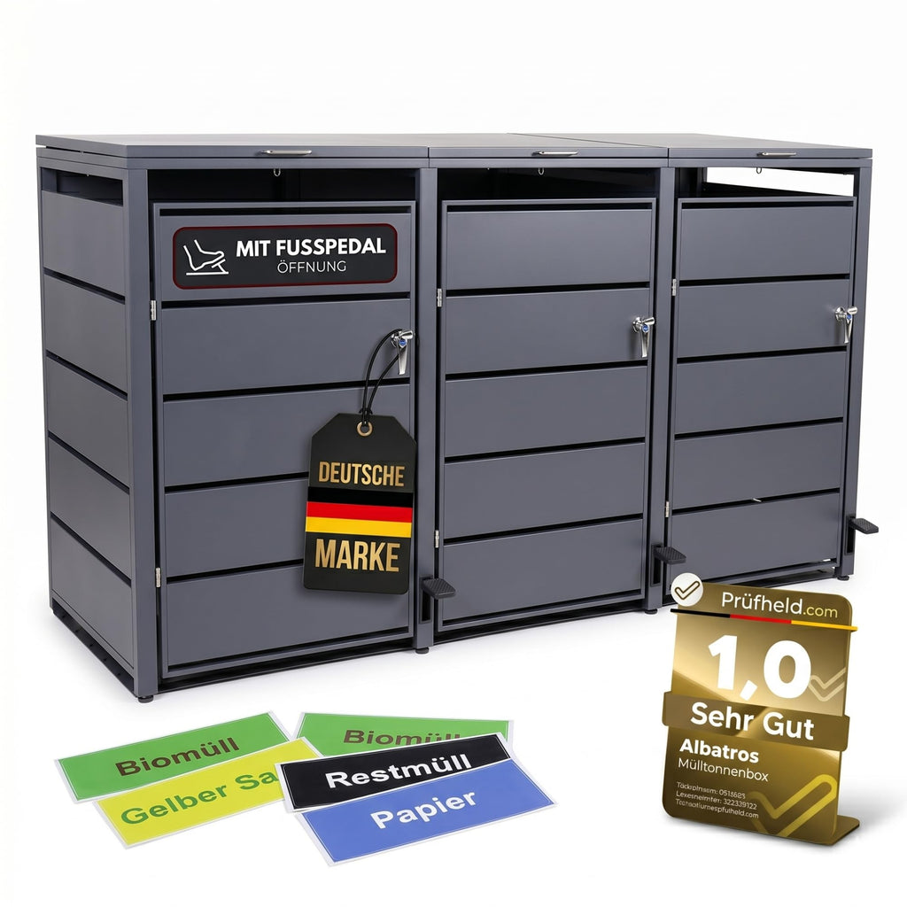ALBATROS Mülltonnenbox 3er | Metall RAL7016, 120-240L, abschließbar