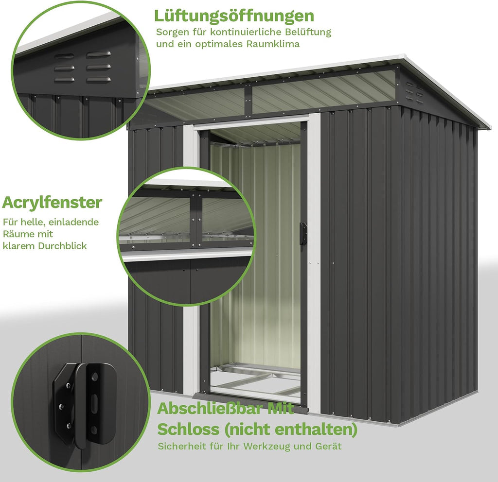 Devoko Metall Geräteschuppen 196x122x182cm mit Fundament, 4.2m³ Gerätehaus mit Oberlichte und Pultdach, Outdoor, Wetterfest, Fahrradschuppen, Gartenhaus für Terrasse, Rasen, Anthrazit